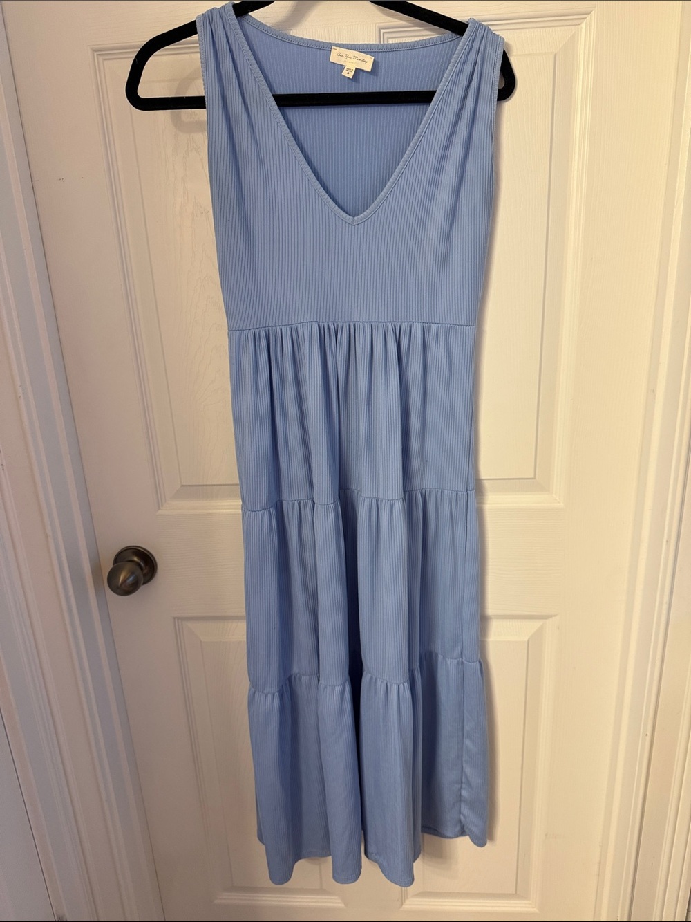 See You Monday Blue Ribbed Tiered Maxi Dress Sleeveless Boho size Small